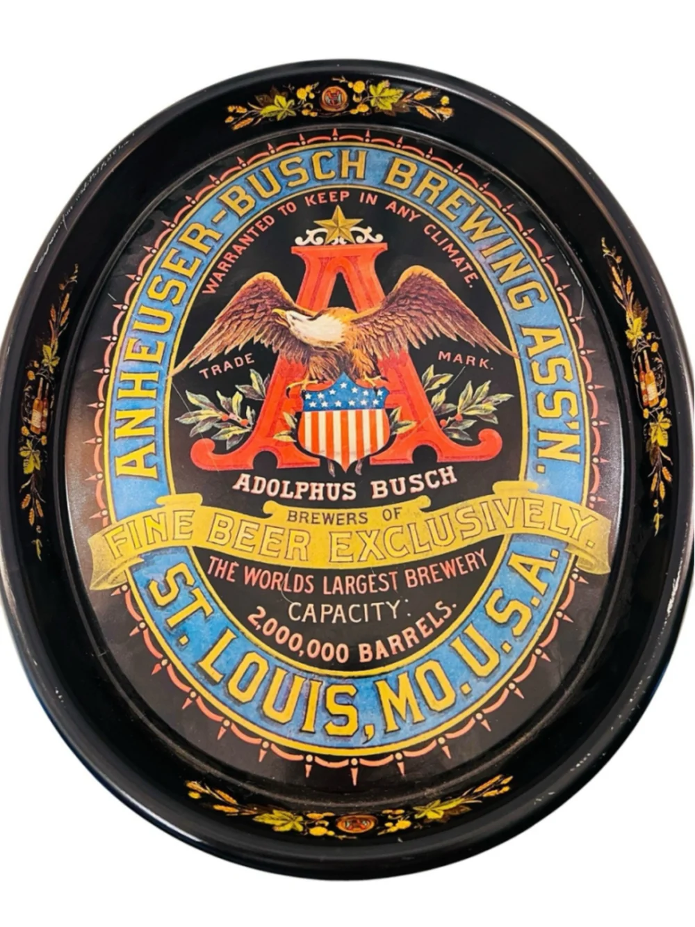Vintage Anheuser-Busch Metal Beer Tray Black Oval St. Louis Eagle Adolphus Busch